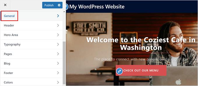 Opening the General menu of Sydney theme Opening the General menu of Sydney theme