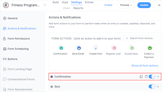 Confirmation section in Formidable Forms' settings Confirmation section in Formidable Forms' settings