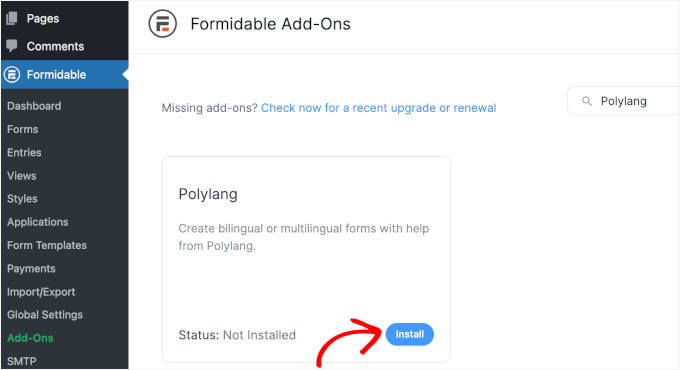 Polylang's install button on Formidable Forms Polylang's install button on Formidable Forms