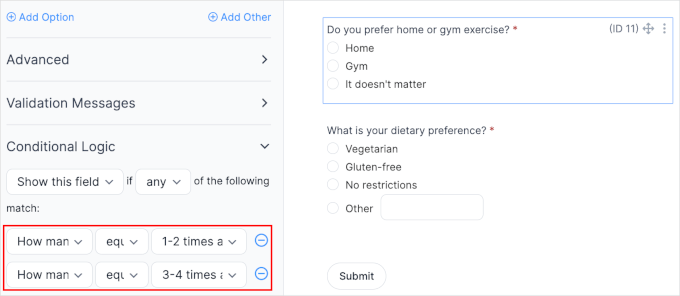 Conditional logic for the exercise field Conditional logic for the exercise field