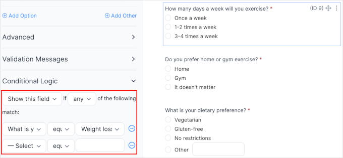 Conditional logic configured in Formidable Forms Conditional logic configured in Formidable Forms