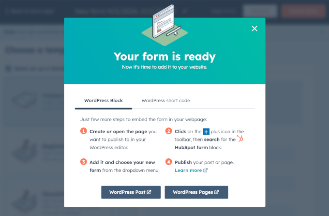 HubSpot's Your Form Is Ready popup window HubSpot's Your Form Is Ready popup window