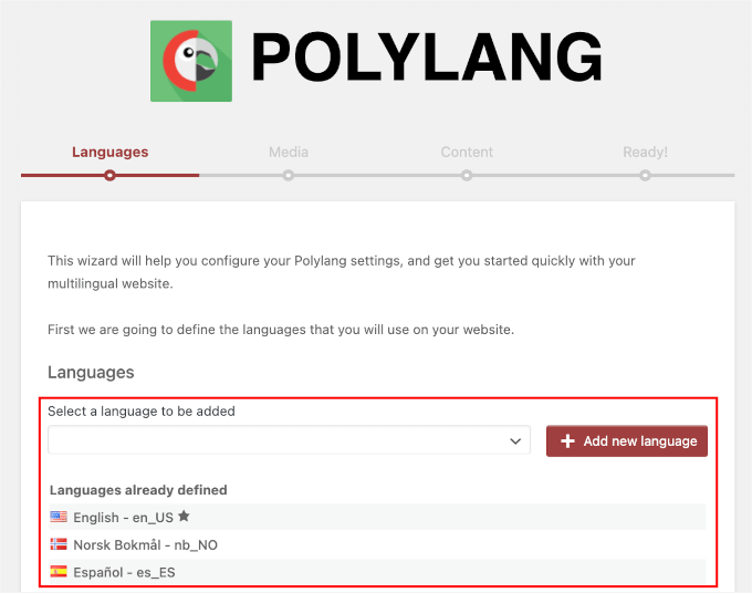 Polylang's setup process Polylang's setup process