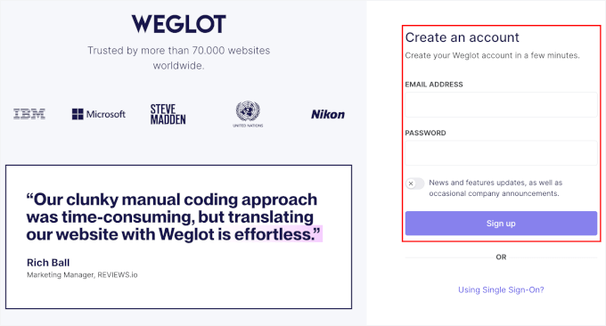 Weglot's sign up page Weglot's sign up page