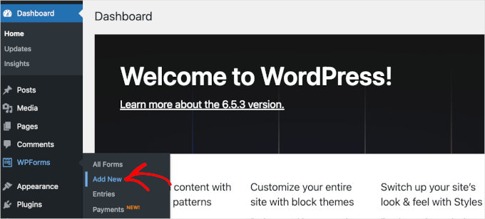 The Add New button under WPForms in the WordPress admin area The Add New button under WPForms in the WordPress admin area