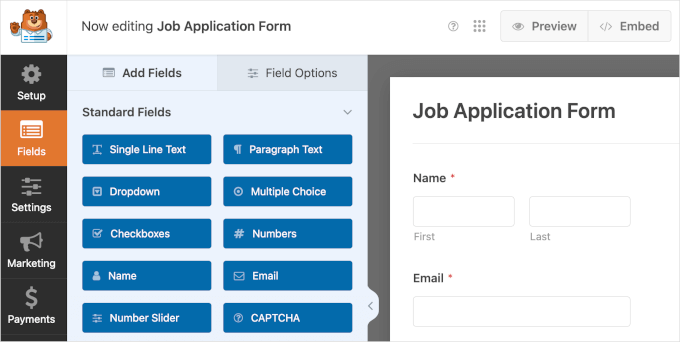 WPForms' builder interface for the Job Application Upload Form template WPForms' builder interface for the Job Application Upload Form template