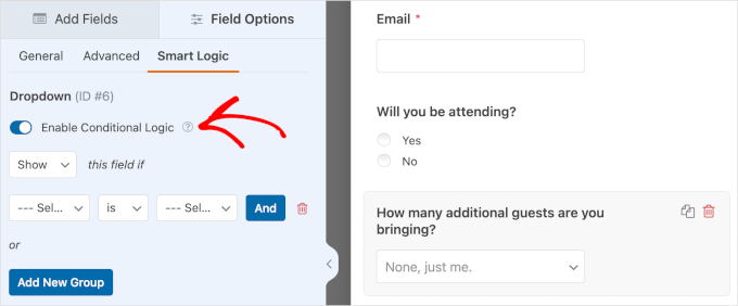 Enable conditional logic for How many guests are you bringing? Enable conditional logic for How many guests are you bringing?