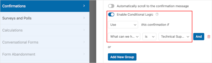 Conditional logic for the technical support inquiry's confirmation message Conditional logic for the technical support inquiry's confirmation message