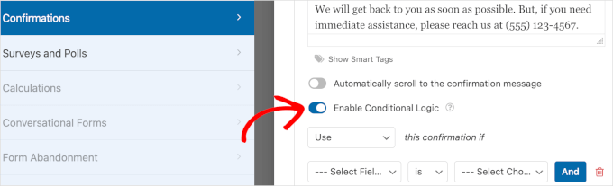 Enabling conditional logic for technical support inquiry confirmation message Enabling conditional logic for technical support inquiry confirmation message
