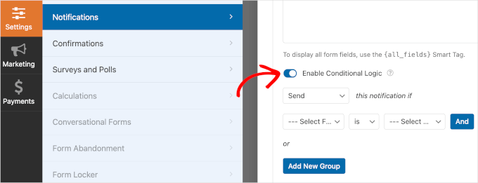 The enable conditional logic toggle on WPForms' notifications setting area The enable conditional logic toggle on WPForms' notifications setting area