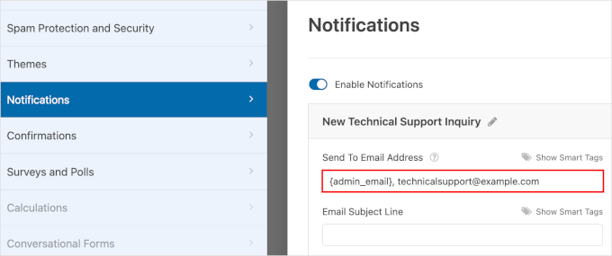 Adding the technical support email address to the Send to Email Address field Adding the technical support email address to the Send to Email Address field