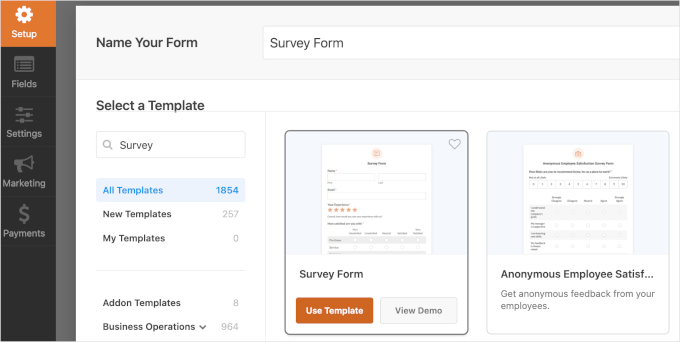 WPForms' Survey Form template WPForms' Survey Form template