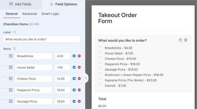 Editing takeout order form Editing takeout order form