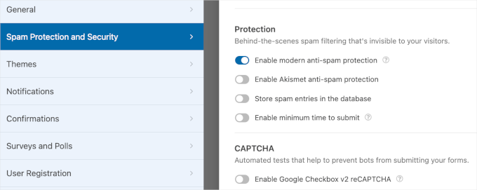 WPForms' spam protection and security settings WPForms' spam protection and security settings
