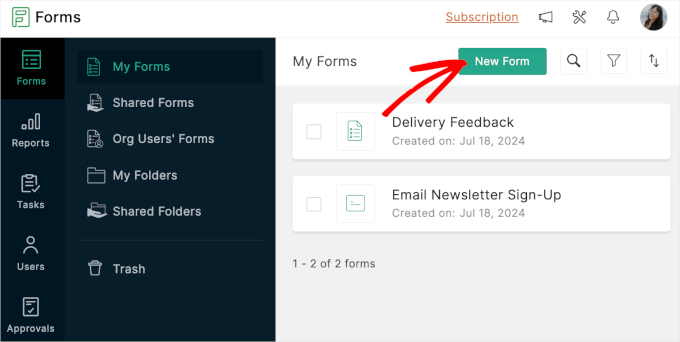 zohoforms-addnew The New Form button in Zoho Forms