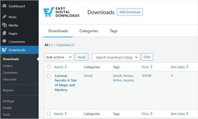 Easy Digital Downloads' download management dashboard