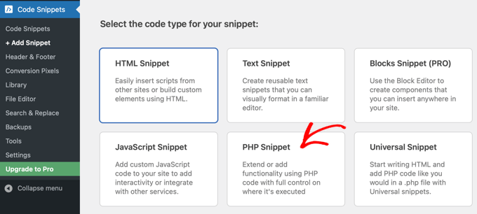 Select the PHP Snippet Option in WPCode Select the PHP Snippet Option in WPCode