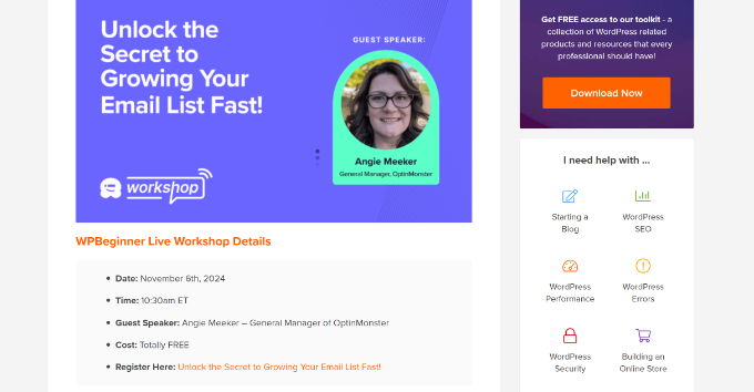 Upcoming event details example Upcoming event details example
