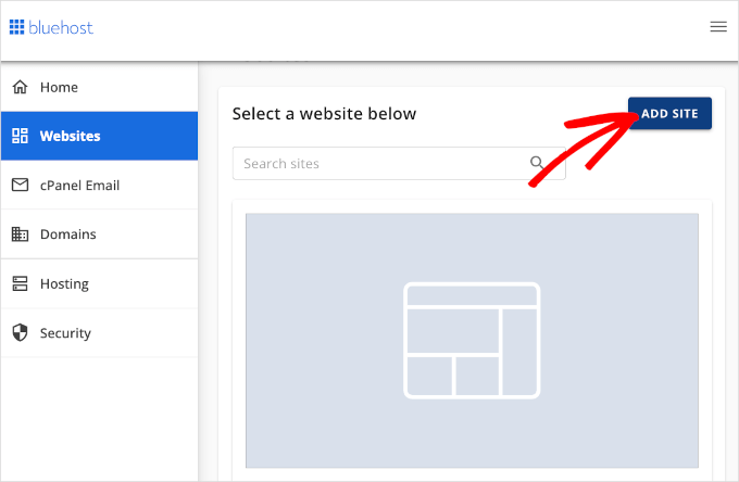 Add Site button in Bluehost Add Site button in Bluehost