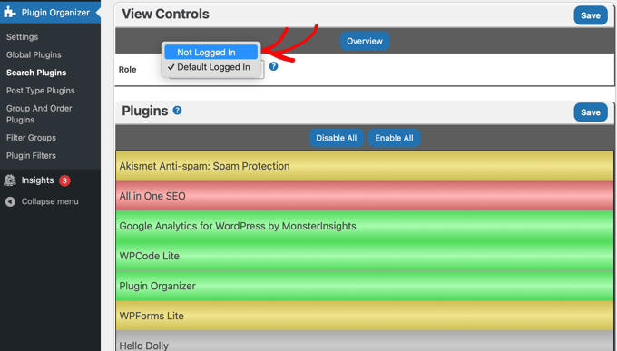 Setting the Plugin Organizer Controls to Not Logged In Setting the Plugin Organizer Controls to Not Logged In