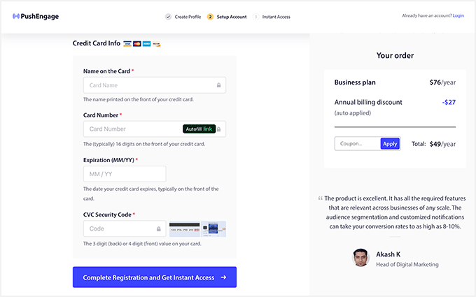PushEngage pay to get instant access