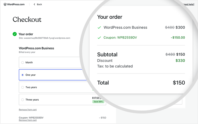 WordPress.com checkout page with exclusive WordPress.com coupon applied automatically WordPress.com checkout page with exclusive WordPress.com coupon applied automatically