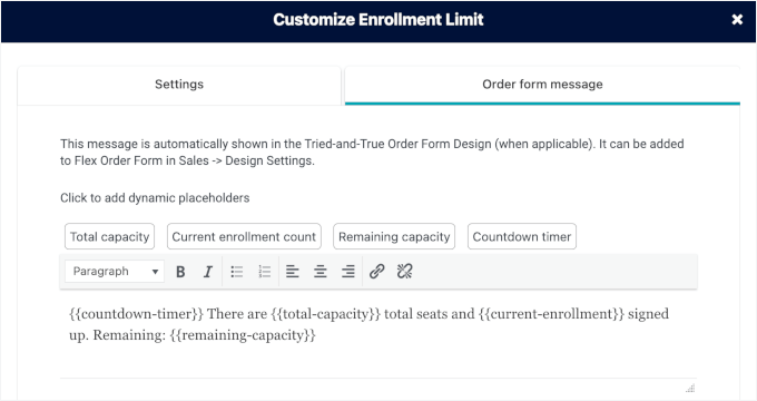 Creating order form message Creating order form message