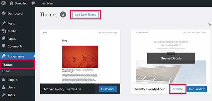 Activate default theme Activate default theme