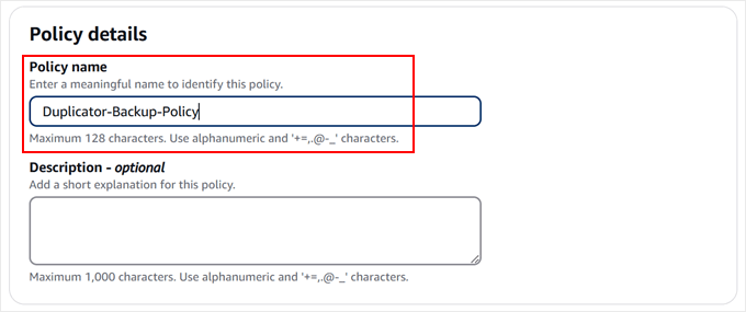 Der neuen Amazon S3-Backup-Richtlinie einen Namen geben Der neuen Amazon S3-Backup-Richtlinie einen Namen geben