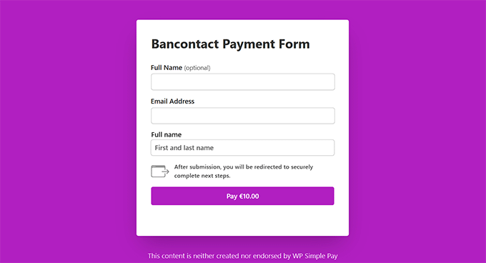 Bancontact payment form preview Bancontact payment form preview