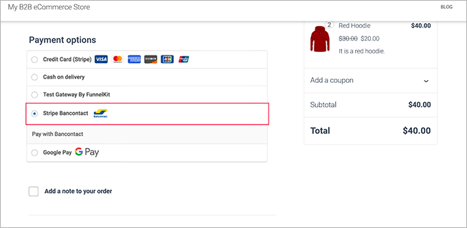 Bancontact payment option preview in WooCommerce Bancontact payment option preview in WooCommerce