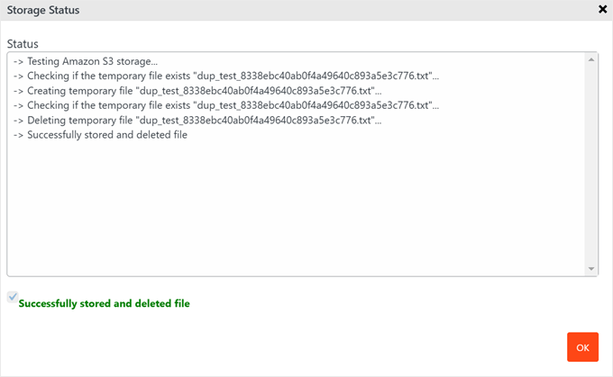 Testen der Duplicator-Amazon S3-Verbindung Testen der Duplicator-Amazon S3-Verbindung