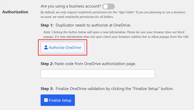 Authorizing Duplicator to connect with OneDrive Authorizing Duplicator to connect with OneDrive