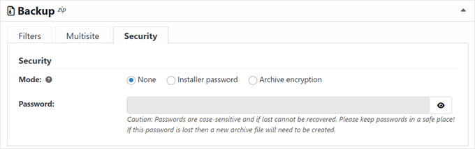 Adding security features to the WordPress multisite backup in Duplicator Adding security features to the WordPress multisite backup in Duplicator