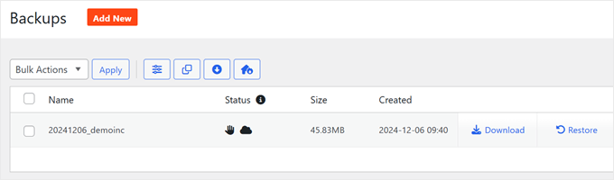 What the Duplicator backups dashboard looks like What the Duplicator backups dashboard looks like