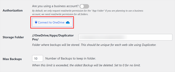 Connecting Duplicator with OneDrive Connecting Duplicator with OneDrive