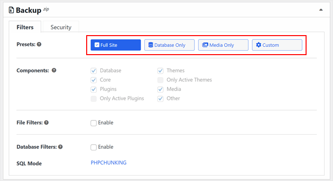 Choosing a backup preset in Duplicator Choosing a backup preset in Duplicator