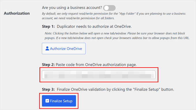 Pasting the Duplicator-OneDrive authorization code Pasting the Duplicator-OneDrive authorization code