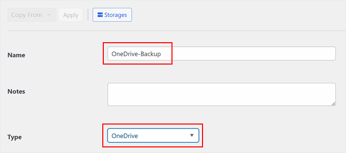 Naming a new OneDrive backup in Duplicator Naming a new OneDrive backup in Duplicator