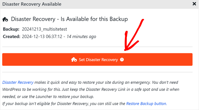 Setting a backup file as a disaster recovery point in Duplicator Setting a backup file as a disaster recovery point in Duplicator