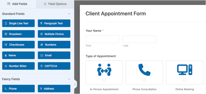 Appointment form in the WPForms editor Appointment form in the WPForms editor
