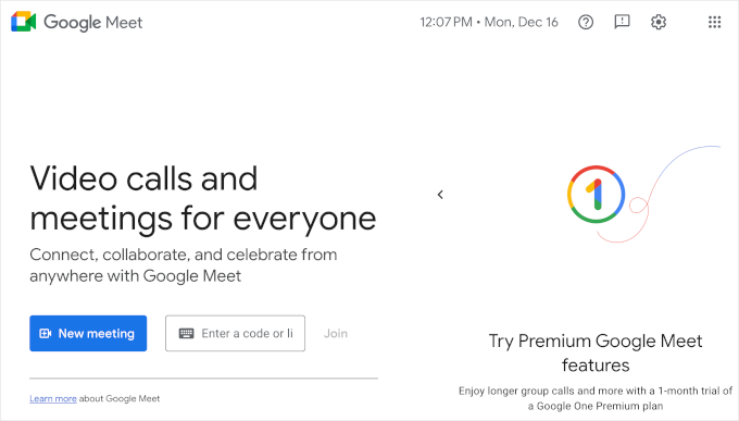 Google Meet's homepage Google Meet's homepage