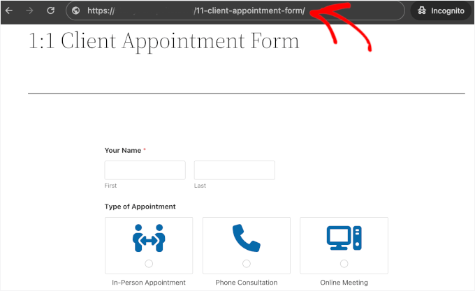 Appointment booking form's URL Appointment booking form's URL