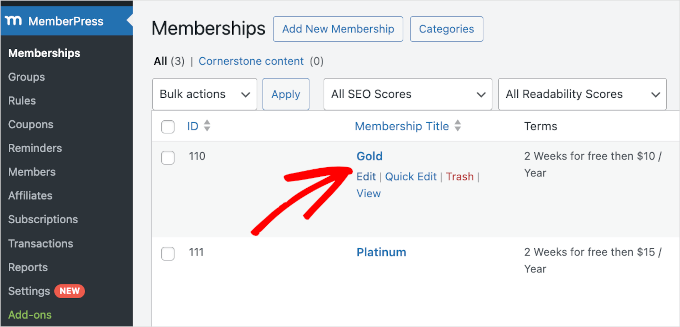 Editing a membership level Editing a membership level