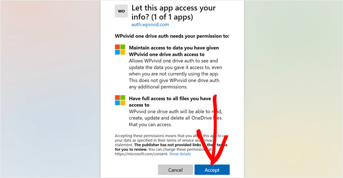 Allowing WPvivid to connect with OneDrive Allowing WPvivid to connect with OneDrive