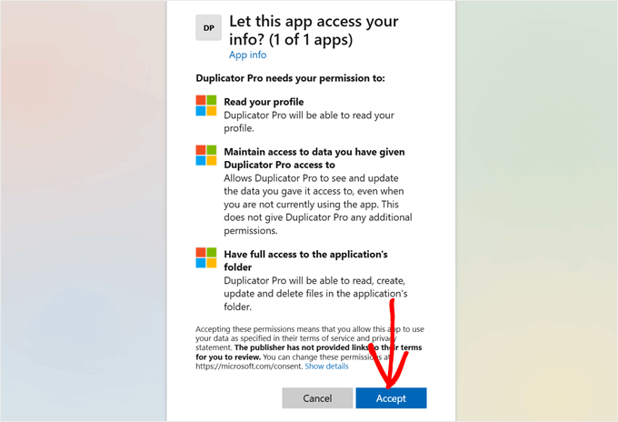 Allowing Duplicator to access OneDrive Allowing Duplicator to access OneDrive