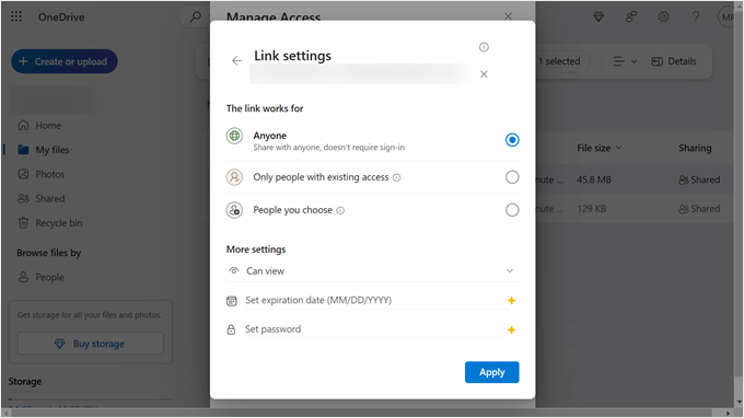 OneDrive's link settings OneDrive's link settings