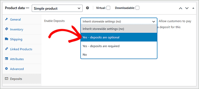 Seleziona l'opzione I depositi sono facoltativi Seleziona l'opzione I depositi sono facoltativi