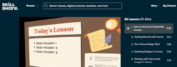 Exemplo de organização de curso do SkillShare