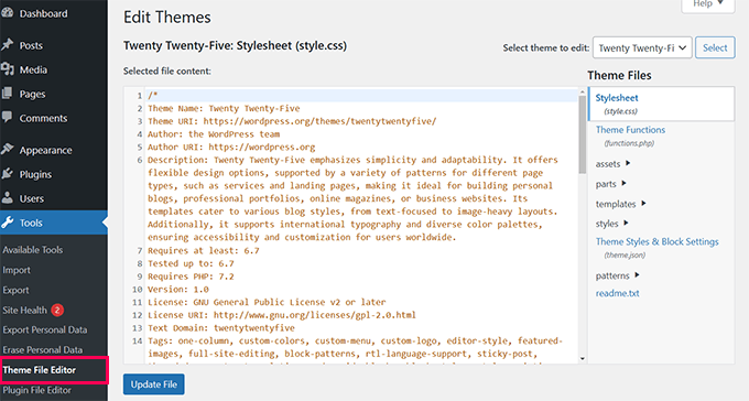 Theme-Datei-Editor unter dem Menü Werkzeuge